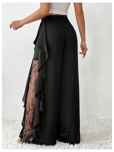 Verdusa Women's Lace Mesh Sheer Wide Leg Pants Ruffle High Waisted Dress Pants2