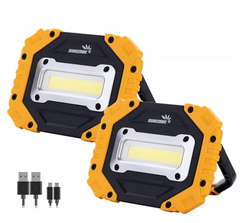 Sunzone LED Work Light, Rechargeable Magnetic Flood Lights with Stand, Waterproof Portable Job Site Lighting for Camping, Fishing, Hiking, Car Inspection with Emergency Mode (2 Pack)