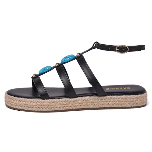 Image of Women's Bohemian Espadrille Platform Sandals,Open Toe Wedge Sandals with Turquoise Decor, Adjustable Ankle Buckle, Summer Beach Shoes