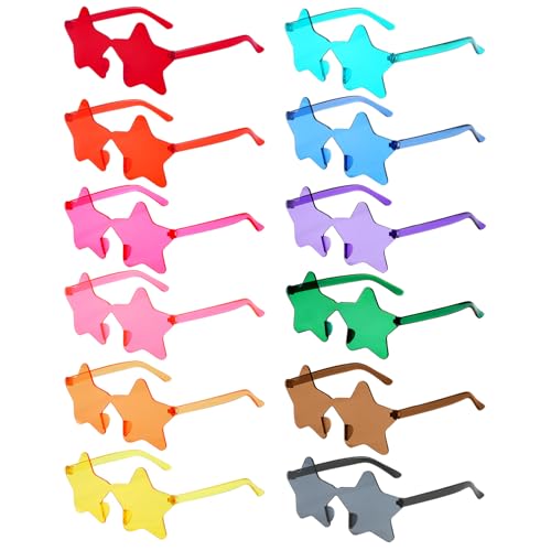 Pibupibu 12 Pack Round/Square/Star Rimless Party Sunglasses Bulk, Transparent Tinted One Piece Glasses Set