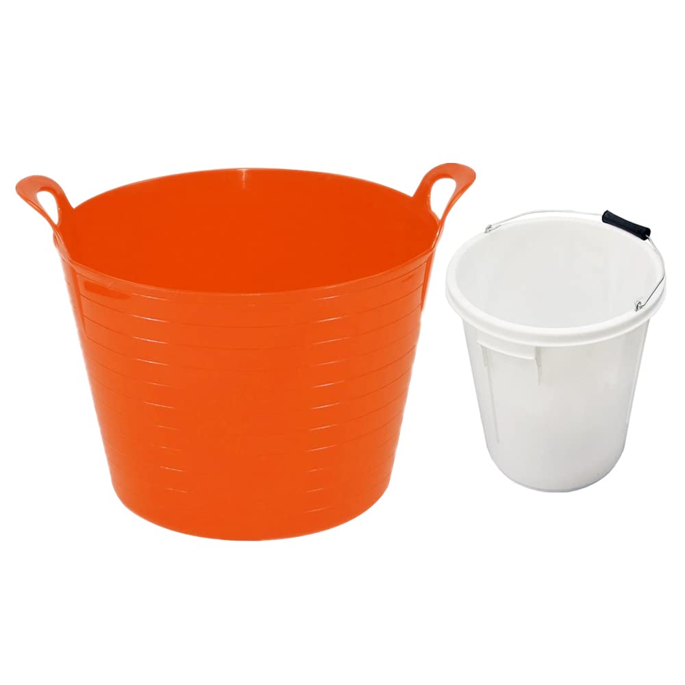 Pack Of 25L White Bucket With Metal Handle And 40L Orange Flexi Tub | Heavy Duty Plasterer Mixing, Paint Bucket, Storage Tub | Flexi Tub Muck Bucket Waste Rubbish Collection For Home & Garden.