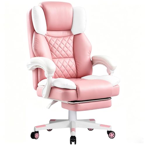 GTPLAYER Executive Office Chair Big and Tall Leather Gaming Chair with Pocket Spring Cushion & Ergonomic Lumbar Support for Lower Back Pain Relief, Comfy Desk Chair with Footrest, Pink