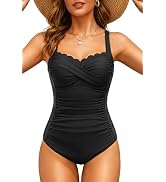 Daci One Piece Swimsuit for Women - Tummy Control Bathing Suit with Scalloped Square Neck Retro S...