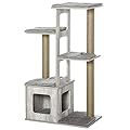 PawHut 114cm Wooden Cat Tree for Indoor Large Cats Condo Jute Scratching Post Cat Tower Kitten Play House Activity Center Furniture Grey