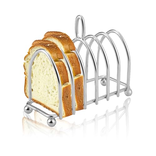 Porta Toast in Acciaio Inox, Porta Toast a 6 Fette con Piedini a Sfera e Manico Ad Anello, Porta Pane Tostato per Colazione a Buffet Pranzo Cena, 15,7 x 7,1 x 10 cm