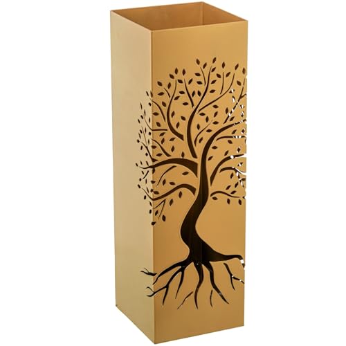 DRW Porte-parapluie carré en métal avec arbre de vie doré 15,5 x 15,5 x 49 cm