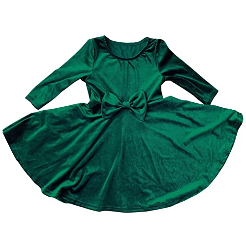 Flower Girl Dress Velvet 3/4 Sleeve Waist Bow Holiday Party Twirl Dresses with Pockets for Girls 4-12T3