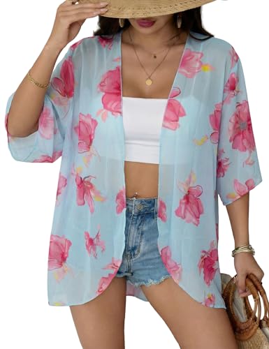 Image of Chunoy Women Floral Beach Wear Cover Up Chiffon Kimono Cardigan Open Front Blouse Top