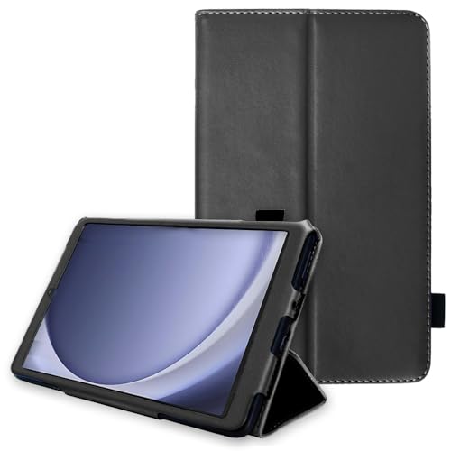 TECHGEAR Leather Case for Samsung Galaxy Tab A9 8.7" (SM-X110 / SM-X115) Premium PU Leather Slim Folio Stand Case Cover with Hand Strap [Black]
