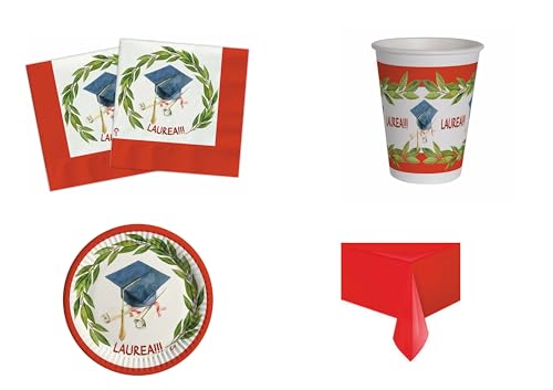 LAUREA Coordinato ADDOBBI TAVOLA LAUREA DOTTORE, DOTTORESSA party PER 16 OSPITI KIT(16 PIATTI,16 BICCHIERI,20TOVAGLIOLI,1 TOVAGLIA,)