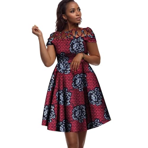 Image of XIAOHUAGUA African Dresses for Women Cotton Cutout Neck Short Sleeve Ankara Dashiki Cocktail Party A-Line Flare Dress