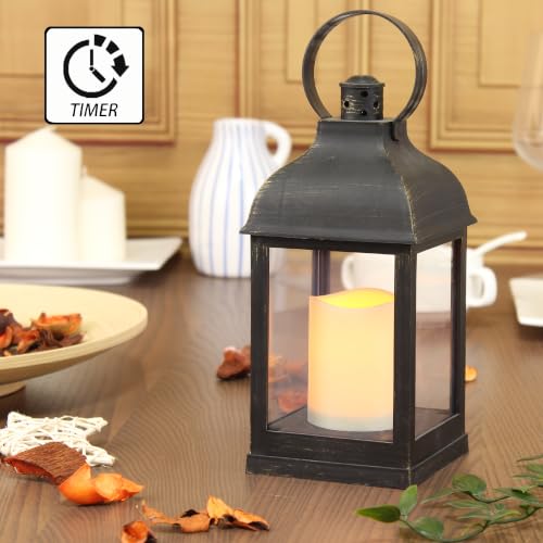 Image of 2 Pack Decorative Lantern with flameless LED Candle Lights, ON /Off /Timer Candle with 6Hours, Outdoor /Indoor LED Lantern, Use AAA Battery(not Include) Bronze Plastic, 4x9