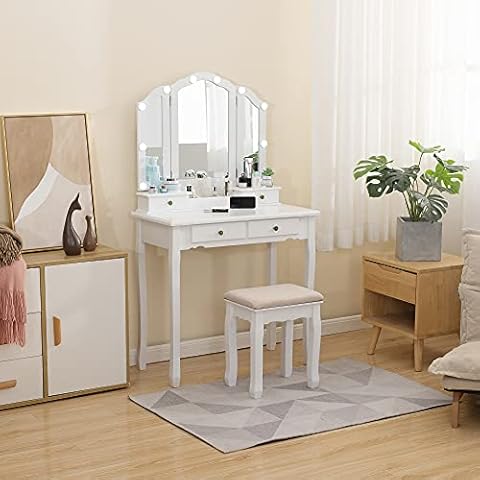 Caroeas Vanity, Tri-Fold Makeup Vanity with Mirror, Lights and Padded Vanity Stool, Solid Wooden Vanity Set, 4 Drawers, 2 Brush Slots and 2 Open Compartments, White Vanity Table Cover