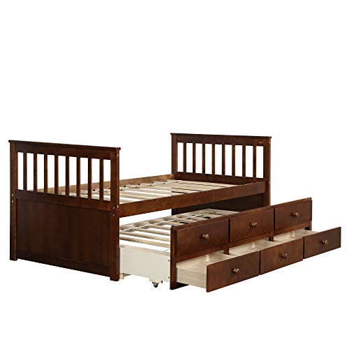 Storage Twin Daybed with Trundle and 3 Storage Drawers Wood Platform Captain Bed
