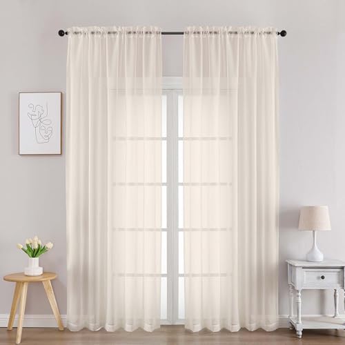 Image of Chyhomenyc Cream Sheer Curtains 90 Inches Long 2 Panels, Light Filtering Cream Curtains for Living Room, Soft Gentle Voile Rod Pocket Bedroom Window Drapes, 59Wx90L Inch, 2PCS