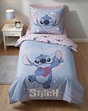 Disney Lilo & Stitch Bettwäsche 135x200 cm + Kissenbezug 80x80 cm – Wendebettwäsche Blau/Rosa mit Herz-Motiv – Hochwertiges Baumwoll-Mischgewebe – Kinderbettwäsche & Fanartikel