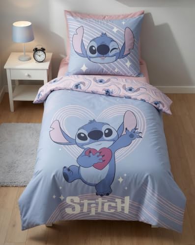 Disney Lilo & Stitch Bettwäsche 135x200 cm + Kissenbezug 80x80 cm Wendebettwäsche Blau/Rosa mit Herz-Motiv Hochwertiges Baumwoll-Mischgewebe Kinderbettwäsche & Fanartikel