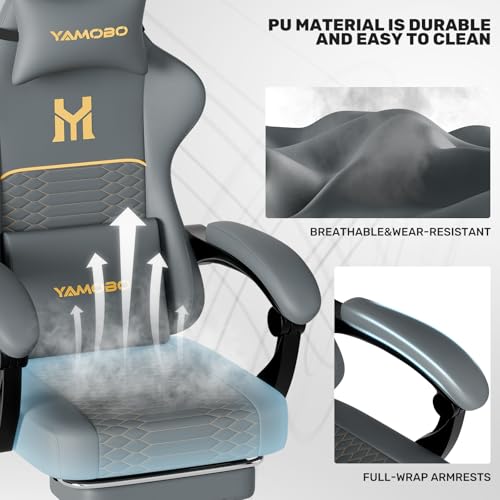 Image of Gaming Chair with Footrest, Ergonomic Video Game Chair with Adjustable Lumbar and Headrest Massage Support,PU Leather High Back Recliner Comfortable for Office, Game and Study, Grey