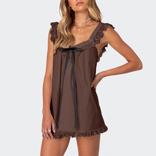 Image of Women Y2K Babydoll Mini Dress Cute Bow Lace Trim Pleated Ruffle Short Sundress Casual Party Vacation One Pieces