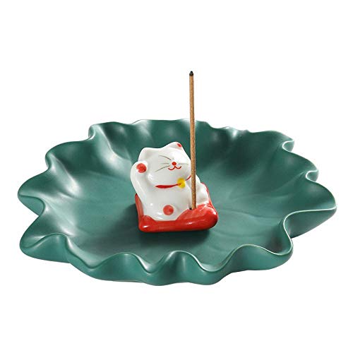 Sizikato Cute Lucky Cat Incense Burner Incense Stick Holder with Lotus Leaf Tray.
