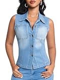 EZAPINE Womens Denim Vest Classic Lapel Button Down Sleeveless Slim Fitted Stretchy Jean Jacket with Pockets