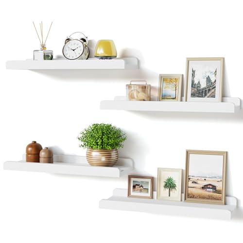 Image of Love-KANKEI White Floating Shelves for Wall Set of 4, Wood Wall Shelves with Lip,15.6 Inch Rustic Hanging Shelves for Bedroom Bathroom Living Room Kitchen Nursery Display