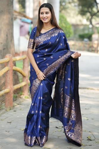 Image of SGF11 Women's Kanjivaram Pure Soft Silk Saree For Women Pure Golden Zari With Blouse Piece