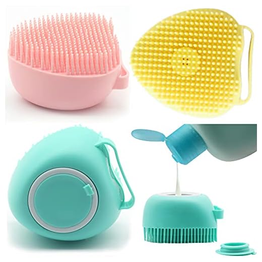 OTAVILEM Esfoliante corporal com dispensador de sabonete para chuveiro, pacote com 3 pincéis esfoliantes de silicone, esfoliante corporal macio, bucha de banho para bebês, crianças, mulheres, homens e animais de estimação, 3 cores (em forma de coração)