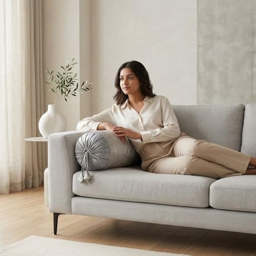 Image of SAJAVAT HOME Steel Grey Silk Bolster Cover for Sofa, Bed & Diwan (Pack of 1) 15x30 Inch | Soft Breathable Side Pillow Cover | Textured Round Pillow Cover for All Seasons
