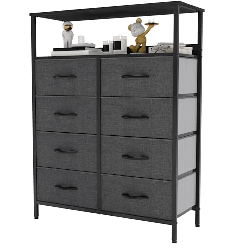 YITAHOME Comoda 8 Cajones,Cajonera de Tela,Sinfonier,Robusta Estructura metálica,Cómoda con Tapa de Madera,Negro y Gris
