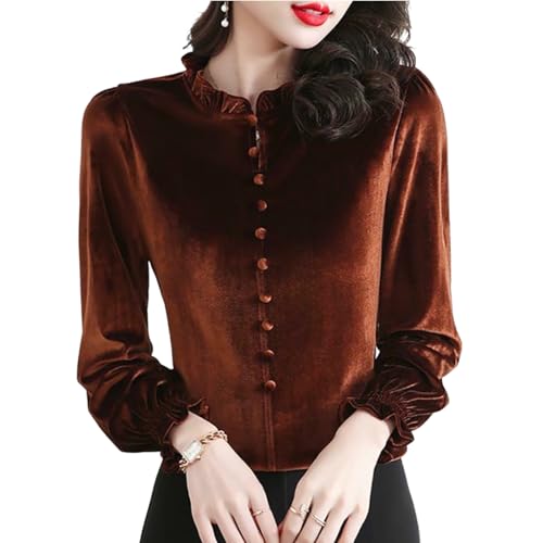 Women's Gold Velvet Long Sleeve Fashion Chinese Style Stand Collar Disc Button Shirt Street Temperament Shirt M