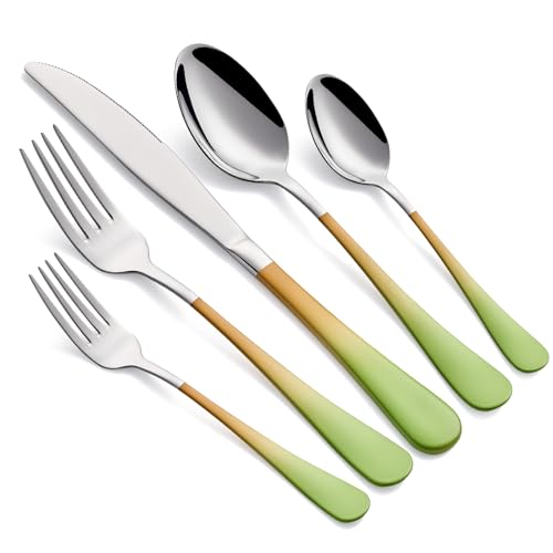 Onlycooker Colorful Silverware Set 20 Piece 18/0 Stainless Steel Flatware Green and Orange Handle Cutlery Set Service for 4 Fork Knife Spoon Set Mirror Finish Dishwasher Safe