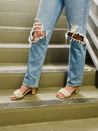 Women's Pearl Slip On Square Toe Mid Low Heel Sexy Wedding Dress Sandal Shoes2