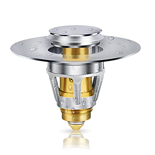 Upgraded Bathroom Sink Stopper, Universal Stainless Steel Drain Stopper Bullet Core Push Type Basin Pop Up Drain Filter Anti-Clogging, Anti-Leakage Bathtub Stopper with Basket for 1.1~1.34