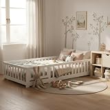 Cama de suelo de 90 x 200 cm con lateral, cama infantil Montessori con protección anticaídas y puerta, incluye somier, cama infantil Toddler Bed para niños y niñas de madera maciza de pino maciza