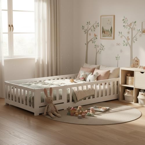 Cama de suelo de 90 x 200 cm, cama infantil Montessori con protección anticaída y somier de láminas, diseño de estrellas y lunas, cama infantil Toddler Bed para niños y niñas, de madera maciza de pino