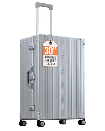 Aleon All Aluminum Lightweight 30” Premium Macro Traveler Hardside Checked Luggage with 4 Spinner Wheels, TSA Lock, Compression Board, Telescoping Handle, Ideal for International Travel (Platinum)