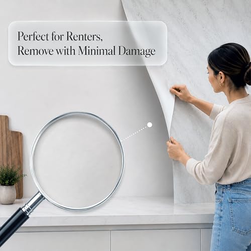 Image of Very Berry Sticker Marble Contact Paper (White Matte, 15.7 inch x 78 inch, 1 Pack) | Authentic marble pattern, Thick, Waterproof, Laminate vinyl, Self adhesive, Peel and stick wrap, For countertop and wall