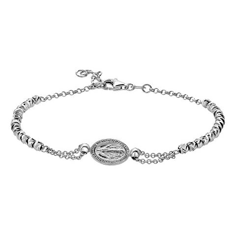 D Jewelry 925 Sterling Silver Virgin Mary Charm V-Cut Beads Bracelet Chain Made in Italy, 7" plus 1" Extension Cover