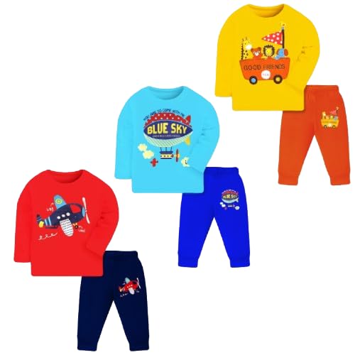 Image of TS LAVI TAVI Trendy Printed Unisex Cotton T-Shirt & Pyjama Set | Full Sleeve Top & Track Pant | Boys & Girls | Pack of 3 | Newborn & Kids