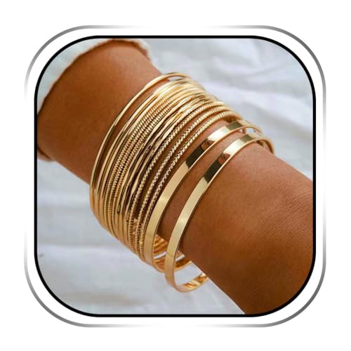 Evlry Juego de pulseras doradas apilables con textura, pulseras indias gruesas...