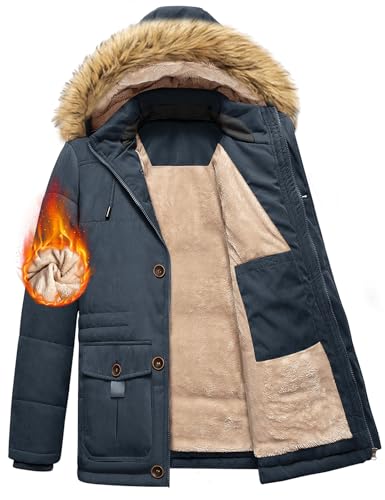 Nadeer Abrigo Hombre Chaqueta de Invierno Térmica Parka con Cremallera Forro Polar Sudaderas Cálido con Capucha de Piel Sintética(Azul,M)