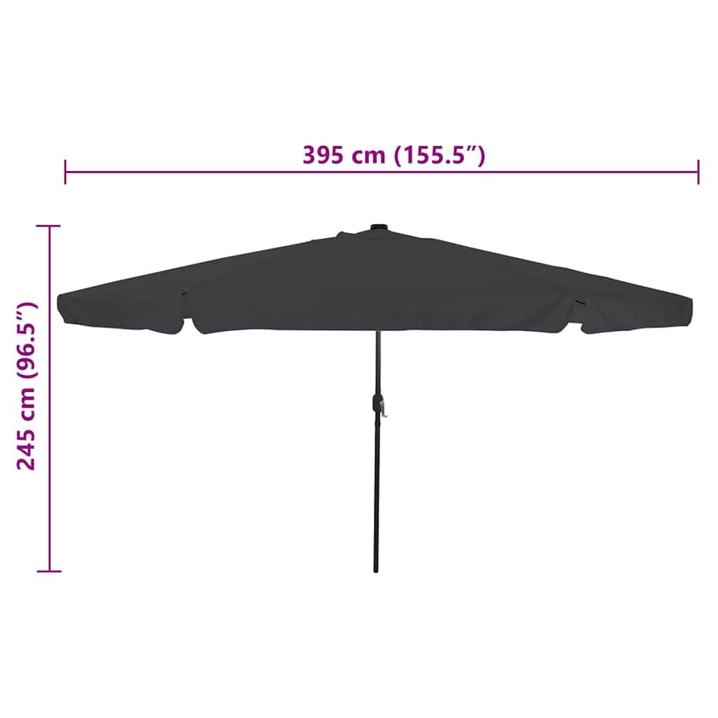 Parasol ogrodowy w kolorze piaskowym, antracytowym x x, odporny na promieniowanie UV dach poliestrowy, stabilny stelaż stalowy, możliwość pochylenia z korbą, oświetlenie LED, odporny na