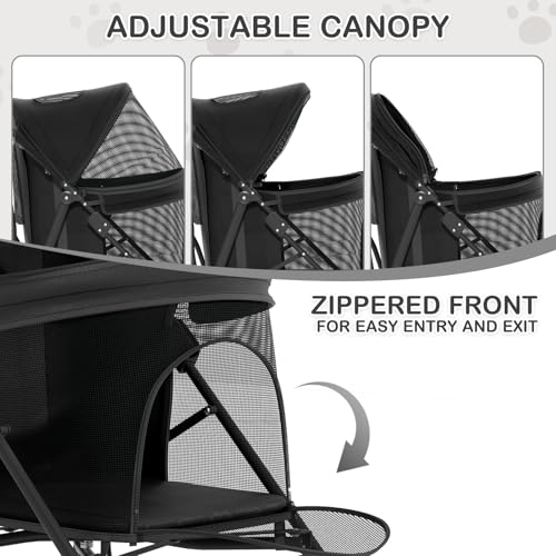 Image of MoNiBloom 4 Wheels Pet Stroller, Easy-Fold Puppy Cage Jogger Stroller with Sun Cover, Pad and Rear Storage Bag, Breathable and Visible Mesh for Small /Medium Pets up to 22 lbs, Black