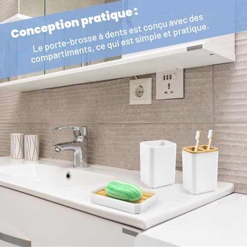 Set accessoires salle de bain bambou 5 pcs blanc ADERTOS