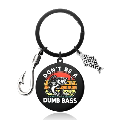 Funny Fishing Keychain for Fisherman Birthday Gifts for Husband Boyfriend Fathers Day Presents for Grandpa Dad Fish Lovers Fishing Retirement Gifts for Men Elderly Friend Don't Be A Dumb Bass Keychain