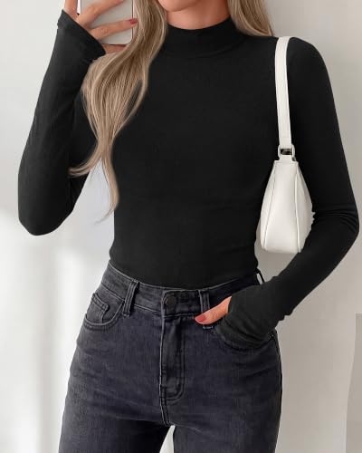 BTFBM Turtleneck Tops for Women Thumbhole Long Sleeve Shirts Black — view 2