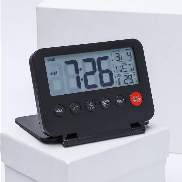 Omana Réveil numérique de voyage avec couvercle pliable - Grand écran LED - Rétroéclairage 12/24 h - Heure - Date - Jour - Température - Snooze silencieux - Bureau - Cuisine - Chambre à coucher