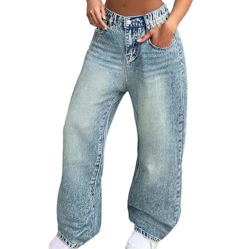Jean Fille Enfants Baggy Large, Pantalon Filles Taille Haute avec Taille Élastique Loose Fit Long Denim, Jeans Décontracté Denims Mode Casual Polyvalent Ado...