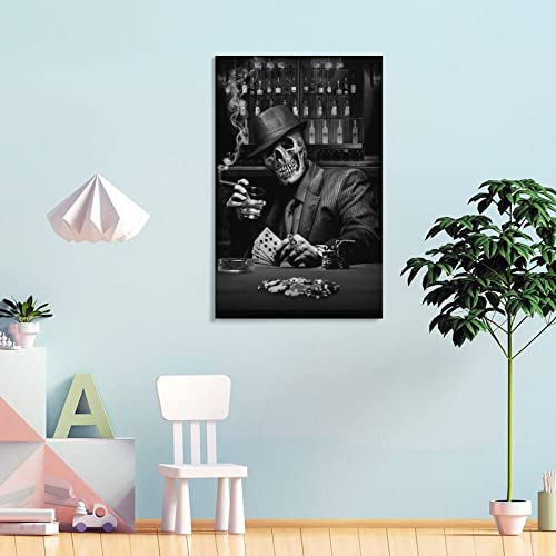 Gangsta Skull Smoking Skeleton Black And White Art Poster Modern Wall Decor Wall Art Paintings Canvas Wall Decor Home Decor Living Room Decor Aesthetic 24X36Inch(60X90Cm) Frame-Style #TOP3